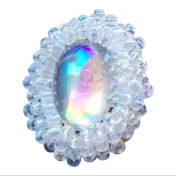 White iridescent hand beaded pierced earrings fabulous colors and artist design - Picture 8 of 15